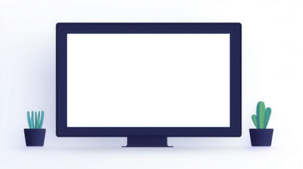 A modern computer monitor displayed on a sleek desk with decorative plants, perfect for home or office use.