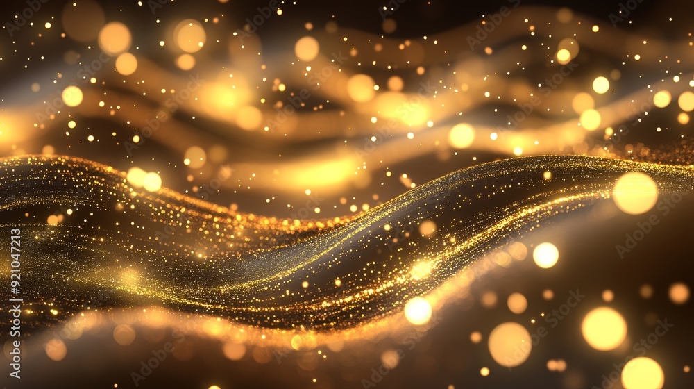 Poster background with light ray effect in dark gold yellow and glow particle circles.