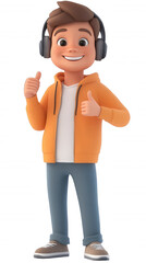 3D character of teenage boy in headset showing thumbs up isolated on transparent background