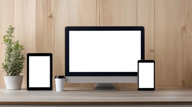 An elegant workspace featuring a desktop monitor, tablet, smartphone, and coffee cup on a wooden desk with natural light.