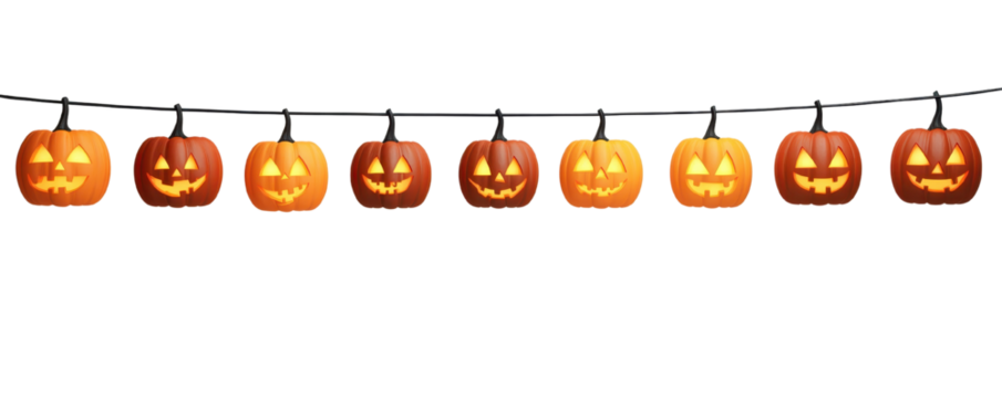 Colorful Halloween pumpkins with carved faces, strung together as festive decorations for holiday celebrations.