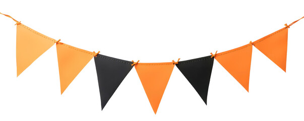 Colorful triangular bunting in orange and black for festive decorations, perfect for parties and seasonal celebrations.