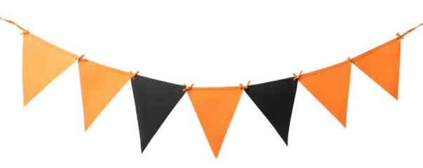 Colorful triangular bunting in orange and black for festive decorations, perfect for parties and seasonal celebrations.