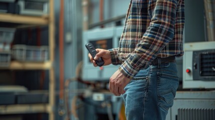 System Operation Test - An electrician wears a plaid shirt and jeans. While using the remote or control panel to test the operation of the newly installed air conditioning system.