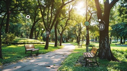 Obraz premium A smart city park equipped with IoT devices that monitor environmental conditions and provide data for better urban planning.