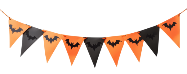 Festive Halloween bunting featuring orange and black flags with bat designs, perfect for spooky celebrations and decorations.