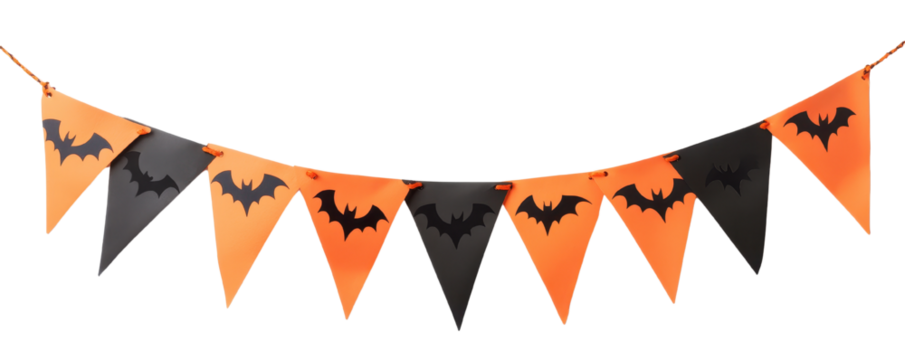 Festive Halloween bunting featuring orange and black flags with bat designs, perfect for spooky celebrations and decorations.