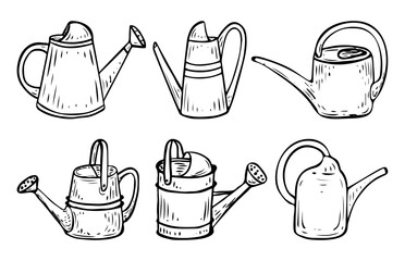 Set of garden watering cans hand drawn in doodle style. Working tool for watering plants. Hobby gardening. Vector line art illustration.