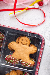 gingerbread man sweet christmas cookies gingerbread baked goods Christmas background New Year's holiday fresh meal food snack on the table copy space food background rustic top view