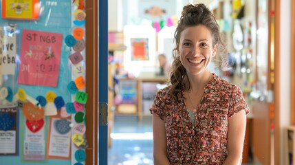 Teacher welcomes new students - Female teacher standing at the classroom door Greeting new students on the first day of school. There are Welcome Back to School signs decorating the classroom.