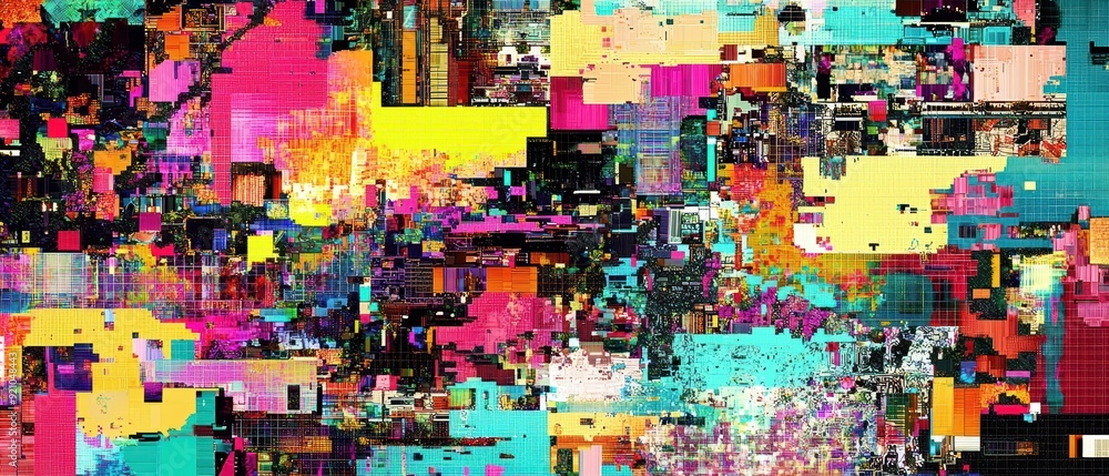 Poster abstract glitch art with vibrant colors and a pixelated effect, creating a chaotic and energetic vis