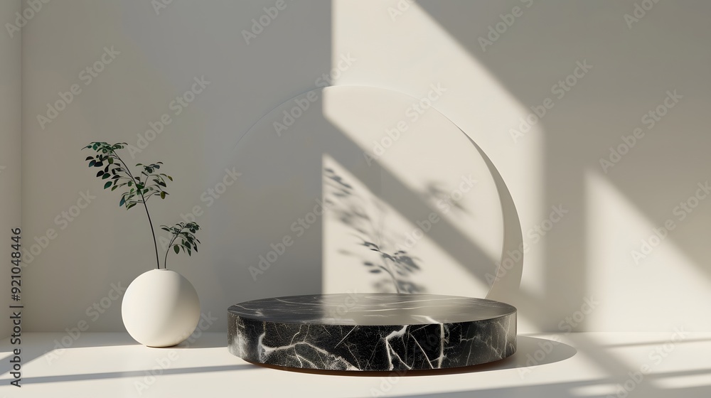 Poster a black and white marble table with a white vase of flowers in the foreground. the table is surround