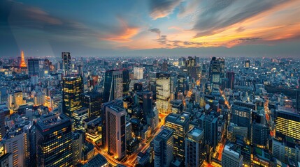 Fototapeta premium A sprawling cityscape filled with towering skyscrapers that touch the sky, each building a marvel of modern architecture.