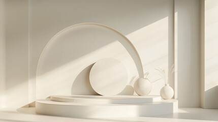 A white room with a white archway and a white pedestal. The room is empty except for a few white vases