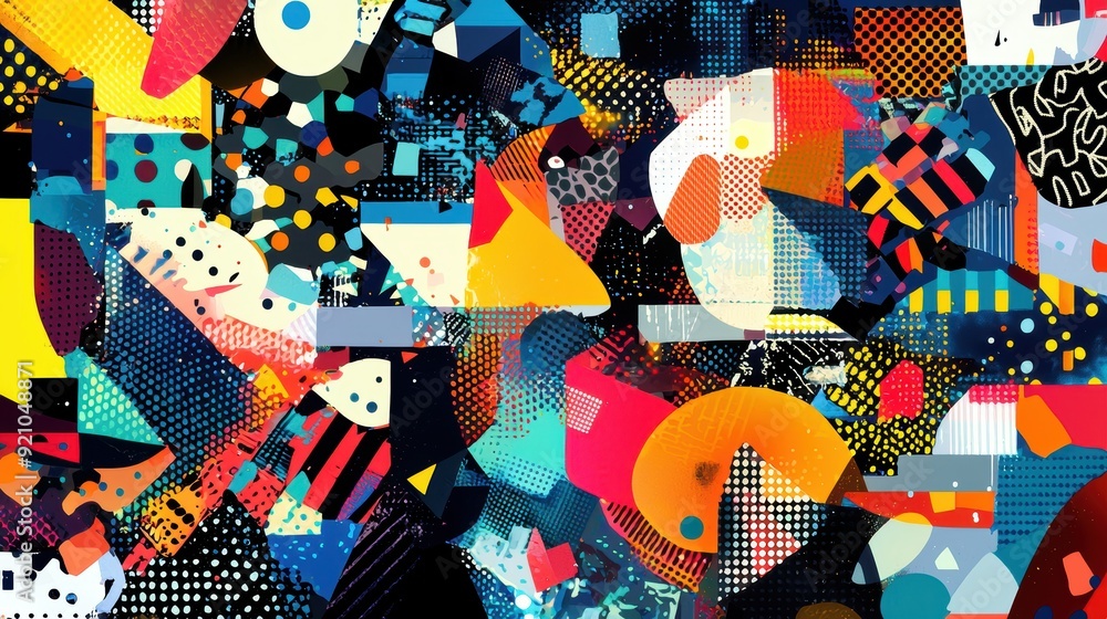 Poster vibrant and colorful abstract geometric collage featuring a dynamic mix of shapes, patterns, and tex