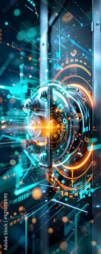 Poster abstract technology background with glowing lines and circles.