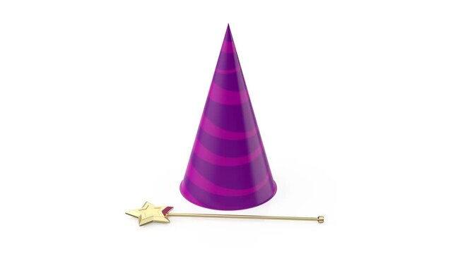 Magic wand and cone hat on a white background