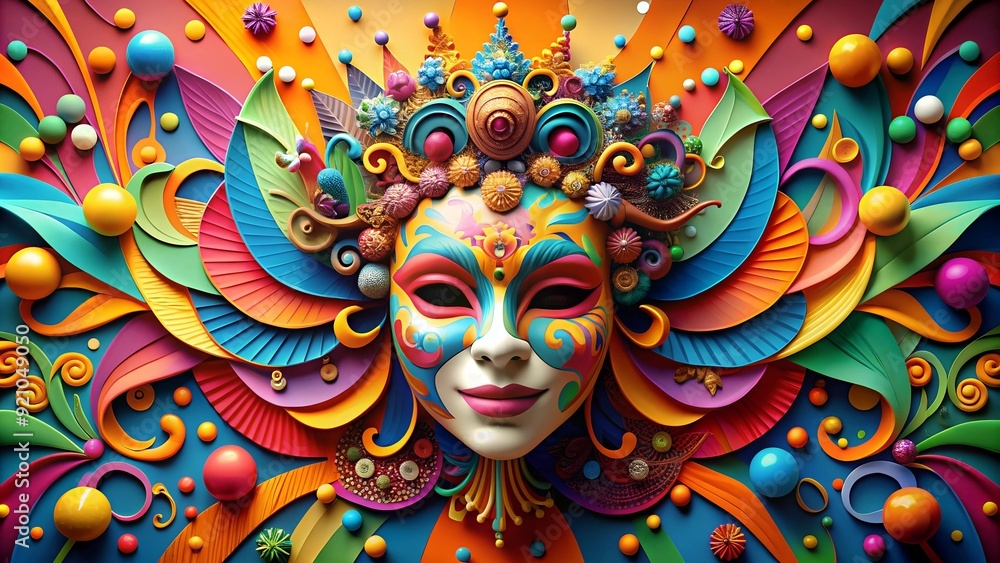 Poster carnival of colors: a paper sculpture mask exploding with hues generative ai