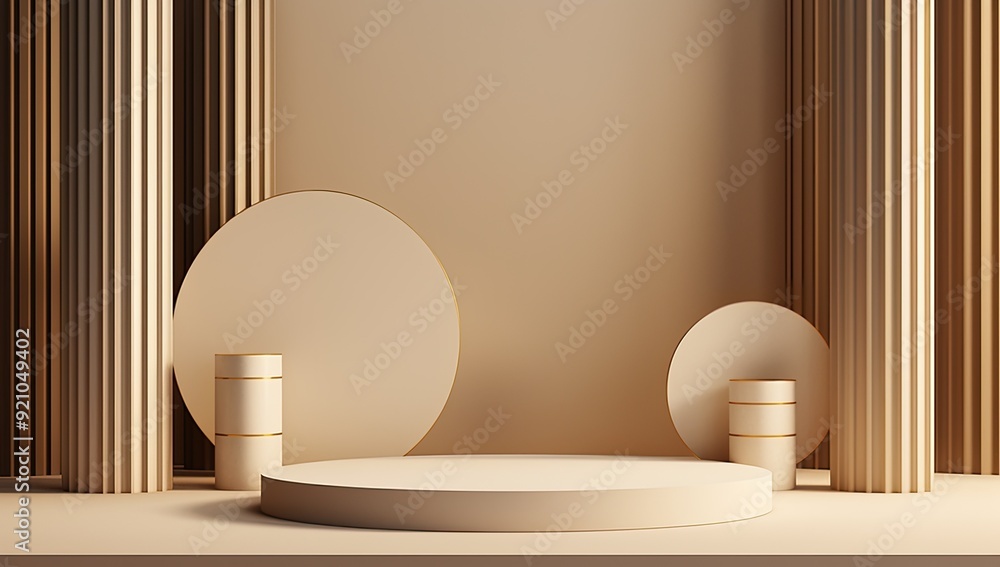 Poster a minimalist stage design with circular and cylindrical elements in warm tones.