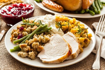 Thanksgiving turkey dinner with sides of stuffing, green beans, mashed potatoes, and cranberry sauce.