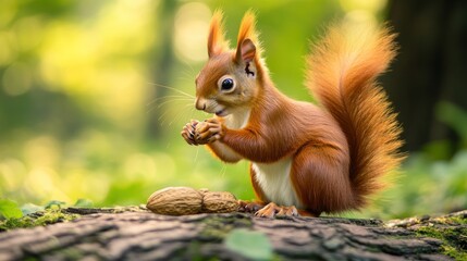 Obraz premium Red Squirrel Eating Nut in Forest