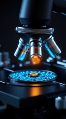 Close-up of a high-tech microscope revealing intricate details on a specimen slide with vibrant illumination.