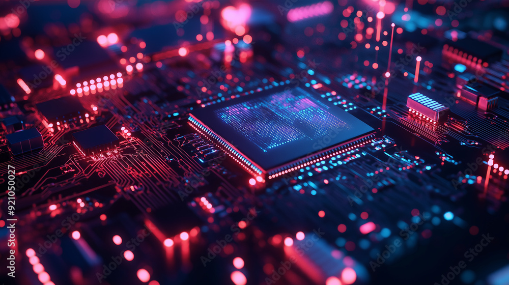 Poster abstract technology background of a quantum computing system with processor and electronic circuit. 