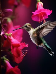 Fototapeta premium Hummingbird Feeding on Vibrant Pink Flowers