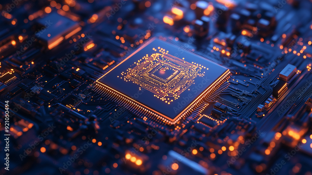 Poster quantum computing system with processor and artificial neurons in an abstract tech design