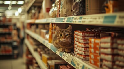 A curious tabby cat resting on a supermarket shelf among pet food items during the day