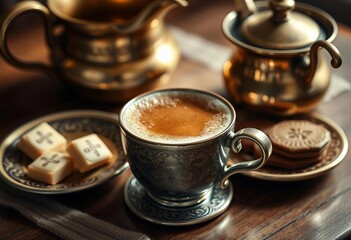 Traditional porcelain cups filled with frothy Turkish coffee.