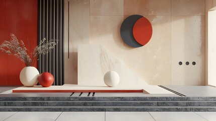 Modern geometric interior with red, beige, and black tones featuring spheres, clean lines, and minimal structure. Contemporary abstract room for art, architecture, or design inspiration.