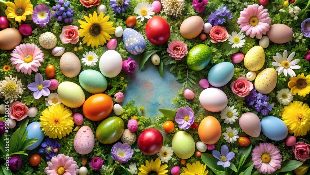 Poster a whimsical top-down view of easter eggs nestled in spring blooms generative ai