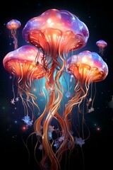Fototapeta premium Glowing bioluminescent jellyfish floating in an enchanting forest.