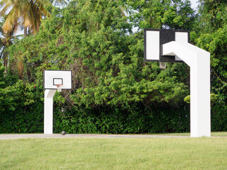 Ball and Empty Basketball Court. Outdoors. 