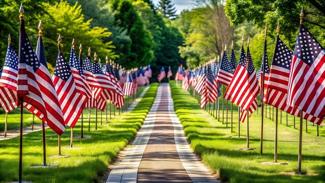 A Path of Patriotism: Child-Made Flags Leading to a Memorial Day Celebration  AI Generated