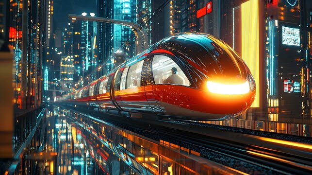 Futuristic train gliding through a neon-lit cityscape at night, showcasing modern urban transport and advanced technology.