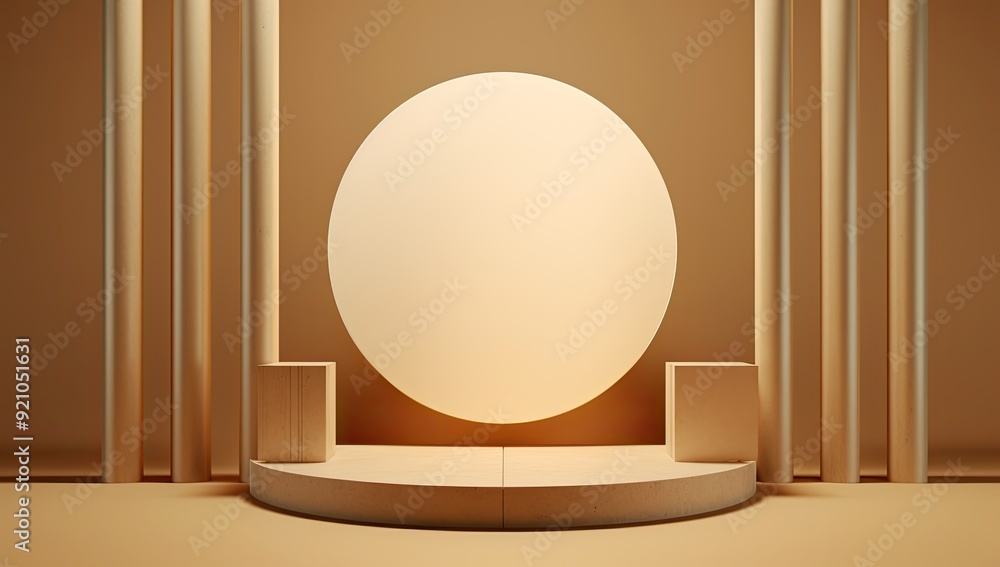 Poster a minimalist stage design featuring a large circular backdrop and geometric structures.