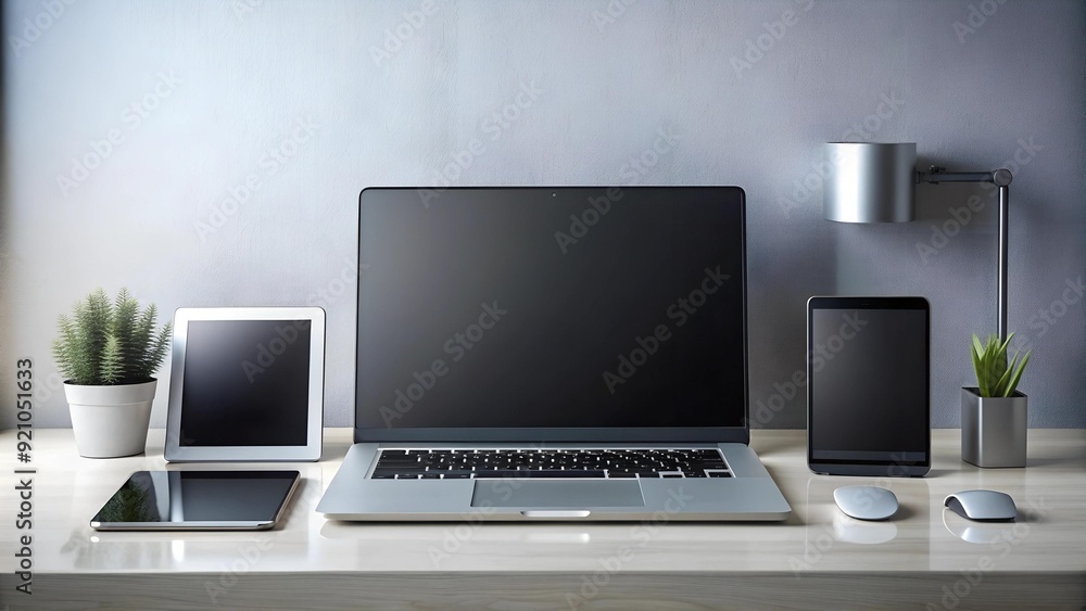 Poster modern tech harmony: silver and black devices for a refined workspace generative ai
