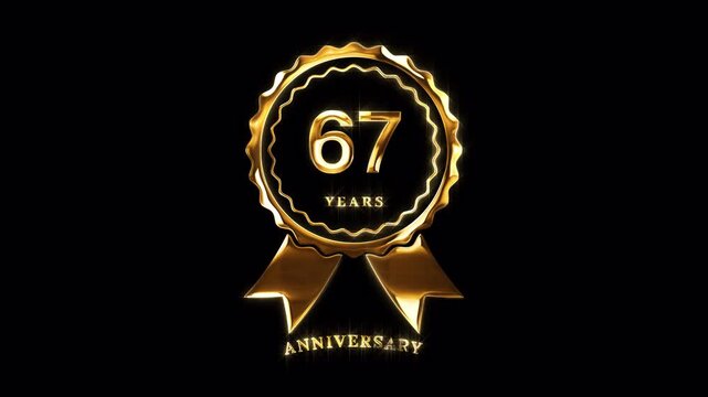 67th Anniversary Celebration. Happy 67 Years Anniversary Animation in Gold Color on the Transparent Background, Alpha Channel. Great for greetings, celebrations, events, and gifts.