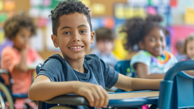 Inclusive classrooms with diverse students, special education teachers providing individualized support, students using assistive technologies, accessibility features integrated