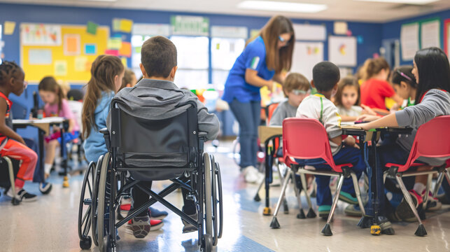 Inclusive classrooms with diverse students, special education teachers providing individualized support, students using assistive technologies, accessibility features integrated