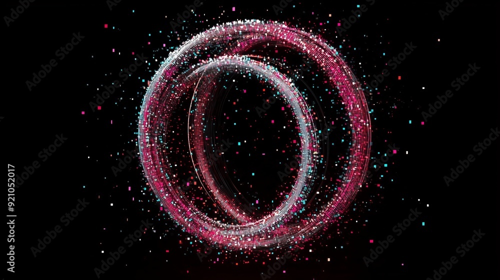 Poster 3d rings separating in the style of data flows on a dark background.