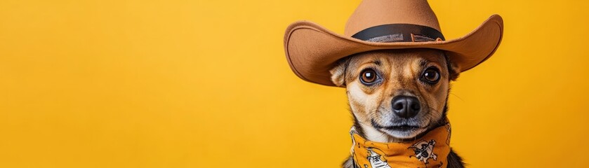 A small brown dog is wearing a cowboy hat and a yellow bandana. The dog is looking at the camera with a smile on its face
