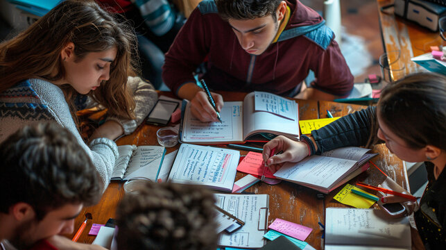 Students studying with flashcards, exam preparation with highlighters and textbooks, group study sessions, test-taking strategies discussed