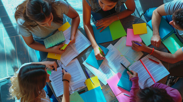 Students studying with flashcards, exam preparation with highlighters and textbooks, group study sessions, test-taking strategies discussed