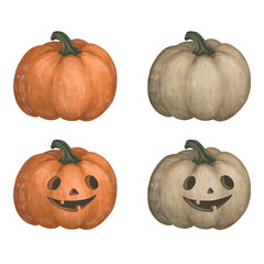 Halloween orange and grey pumpkins, four hand drawing isolated pumpkin, vintage art, old retro style transparent background