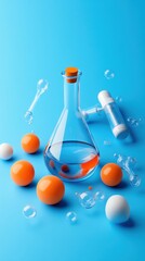 Colorful laboratory scene featuring a flask, test tubes, and chemical elements on a vibrant blue background.