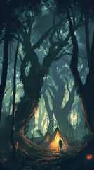 Fototapeta premium a tent in teh forest, ANIME MANGA style, nature, lonely