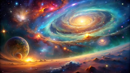 A mesmerizing dance of vibrant nebulas and swirling star clusters, painted in hues of deep purple, em  generative AI